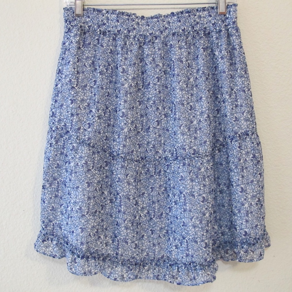 LOFT Ruffle Tiered Skirt NWT Blue White Print Petite Small SP